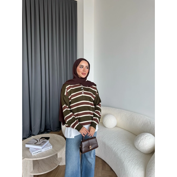 Mirlan Çizgi Detaylı Triko Kazak - Haki