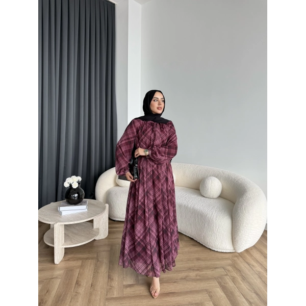 Moi - Çizgili Şifon Elbise - Bordo