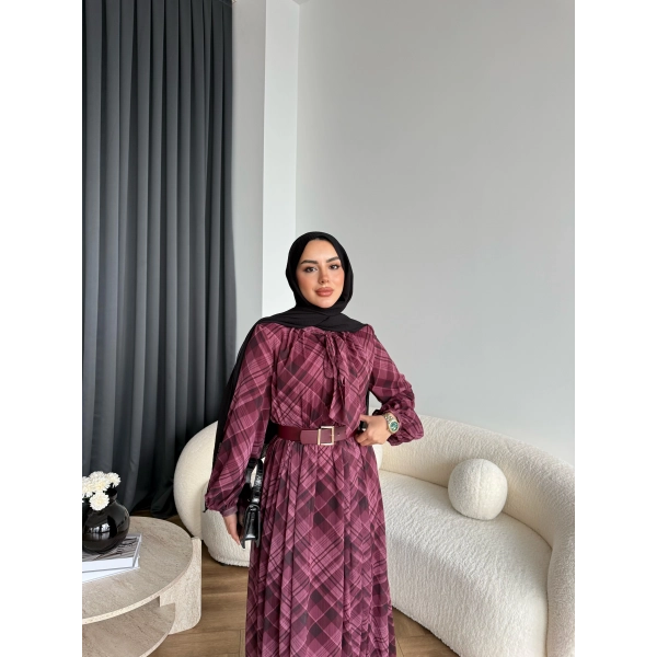 Moi - Çizgili Şifon Elbise - Bordo