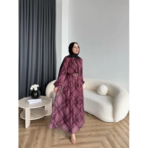 Moi - Çizgili Şifon Elbise - Bordo