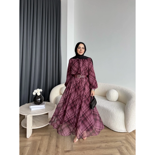 Moi - Çizgili Şifon Elbise - Bordo