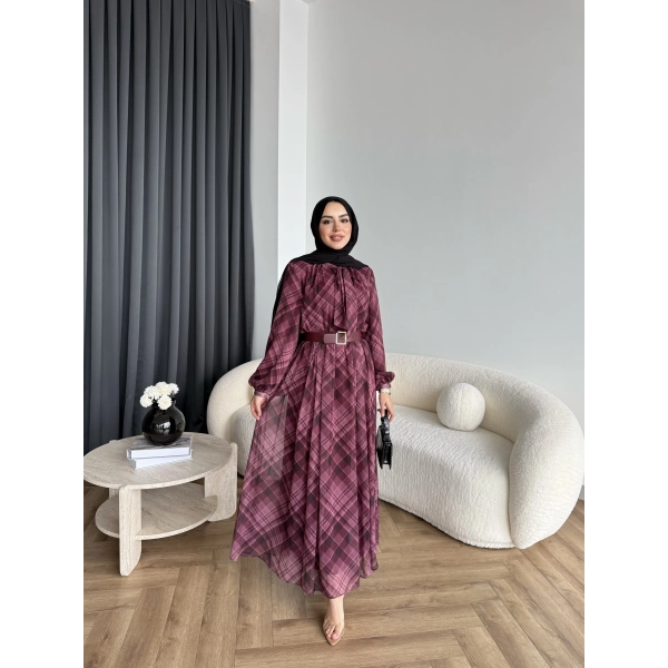 Moi - Çizgili Şifon Elbise - Bordo