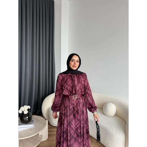 Moi - Çizgili Şifon Elbise - Bordo