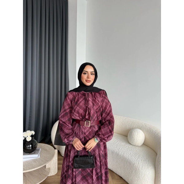 Moi - Çizgili Şifon Elbise - Bordo