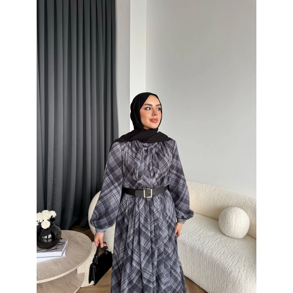 Moi - Çizgili Şifon Elbise - Gri