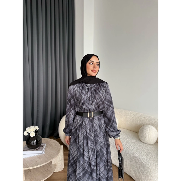 Moi - Çizgili Şifon Elbise - Gri