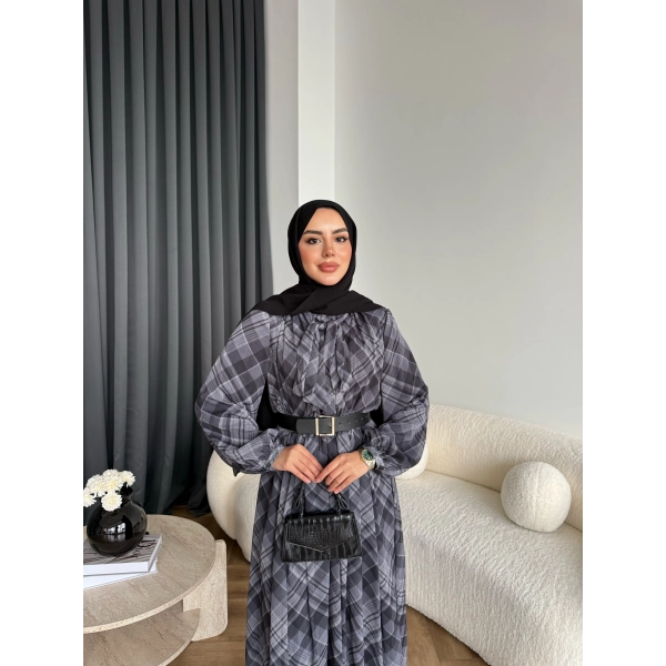 Moi - Çizgili Şifon Elbise - Gri