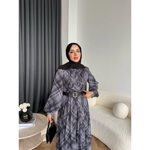 Moi - Çizgili Şifon Elbise - Gri