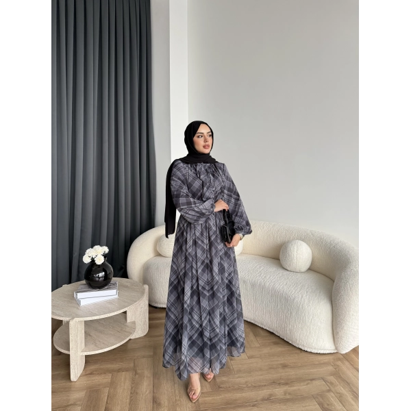 Moi - Çizgili Şifon Elbise - Gri