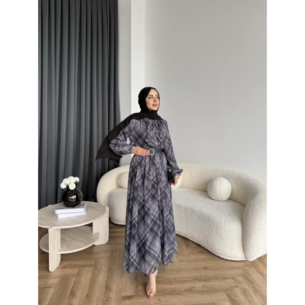 Moi - Çizgili Şifon Elbise - Gri