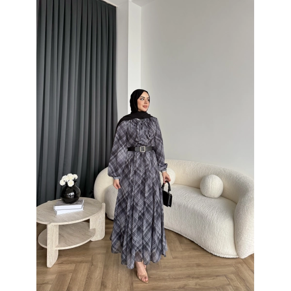 Moi - Çizgili Şifon Elbise - Gri