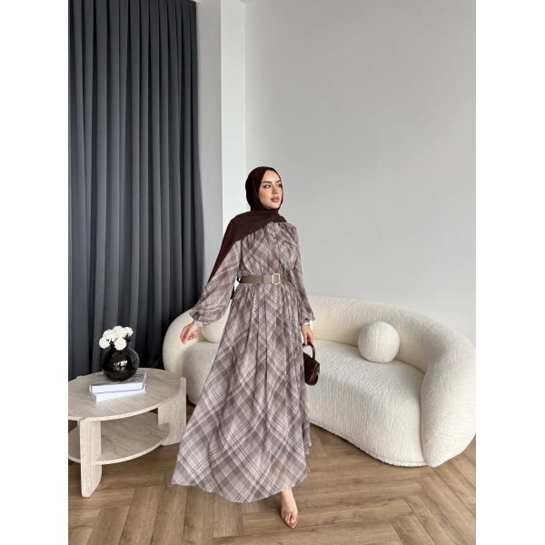 Moi - Çizgili Şifon Elbise - Kahverengi