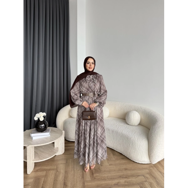 Moi - Çizgili Şifon Elbise - Kahverengi