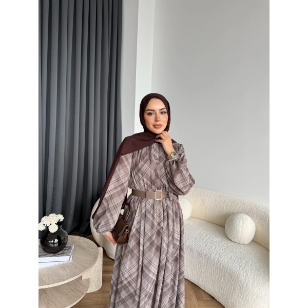 Moi - Çizgili Şifon Elbise - Kahverengi