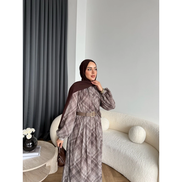 Moi - Çizgili Şifon Elbise - Kahverengi