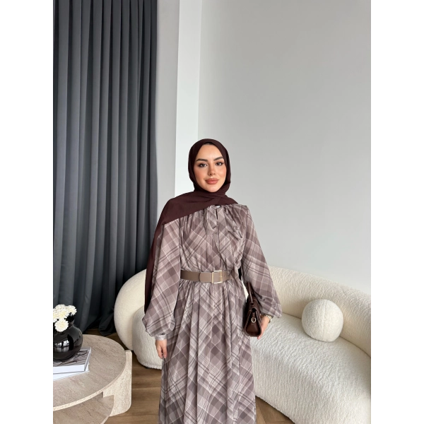 Moi - Çizgili Şifon Elbise - Kahverengi