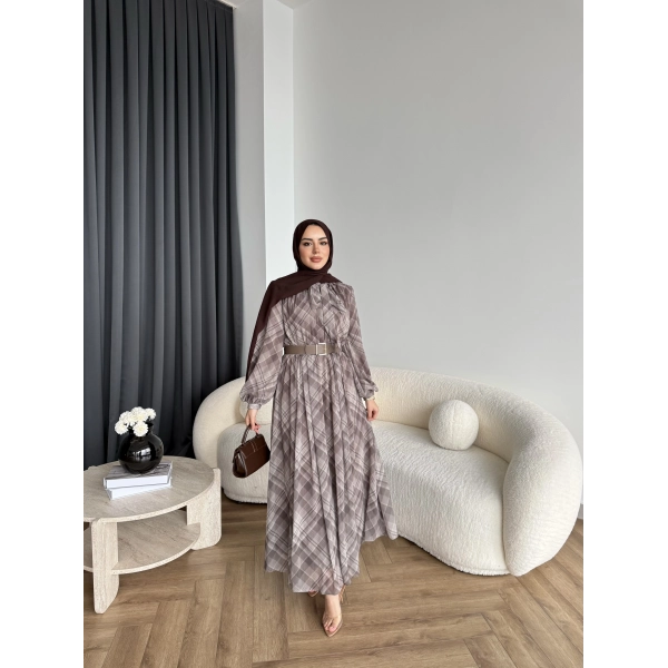 Moi - Çizgili Şifon Elbise - Kahverengi