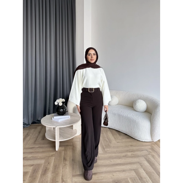 Mrs - Kemerli Bol Paça Pantolon - Acı Kahve