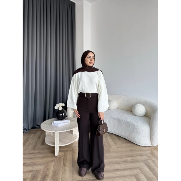 Mrs - Kemerli Bol Paça Pantolon - Acı Kahve