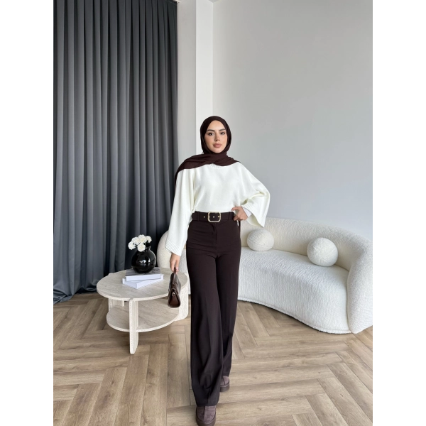 Mrs - Kemerli Bol Paça Pantolon - Acı Kahve