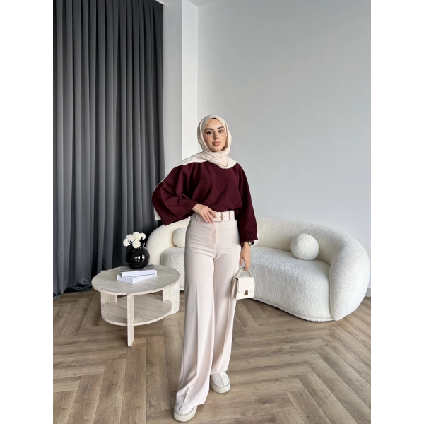 Mrs - Kemerli Bol Paça Pantolon - Bej