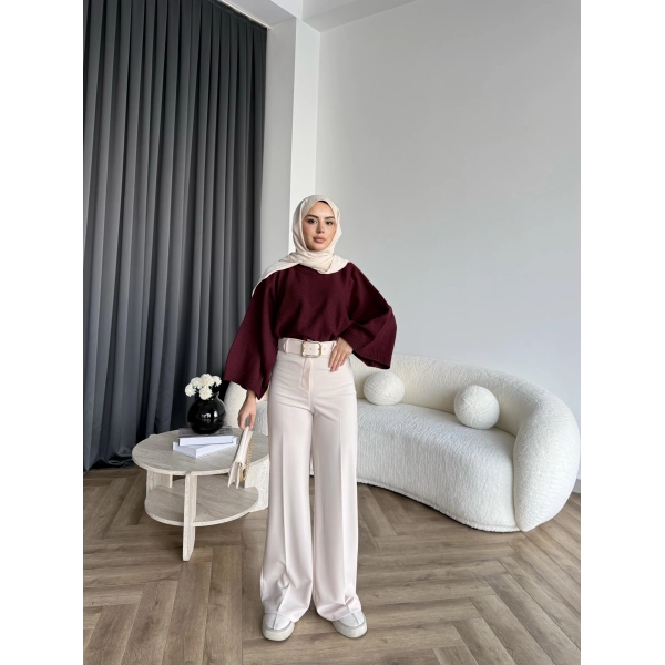 Mrs - Kemerli Bol Paça Pantolon - Bej