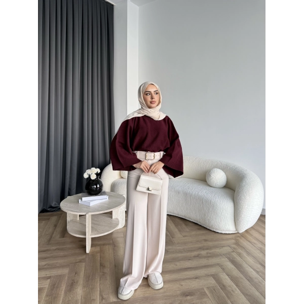 Mrs - Kemerli Bol Paça Pantolon - Bej