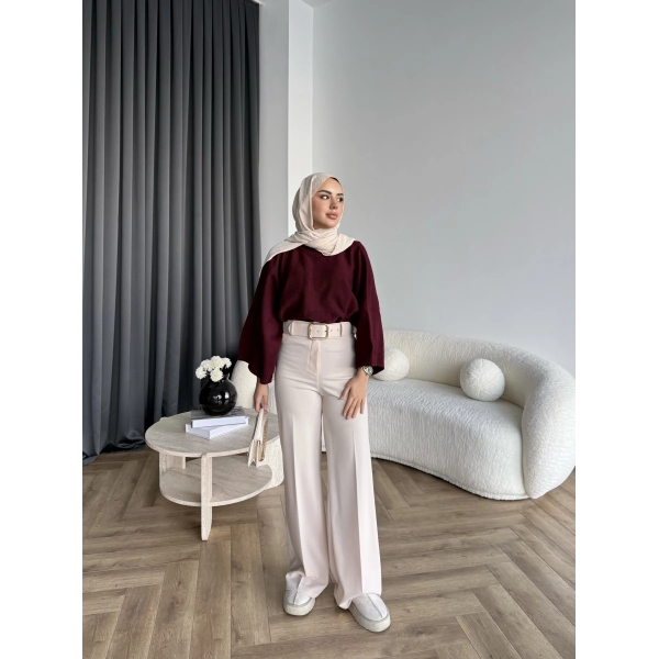 Mrs - Kemerli Bol Paça Pantolon - Bej