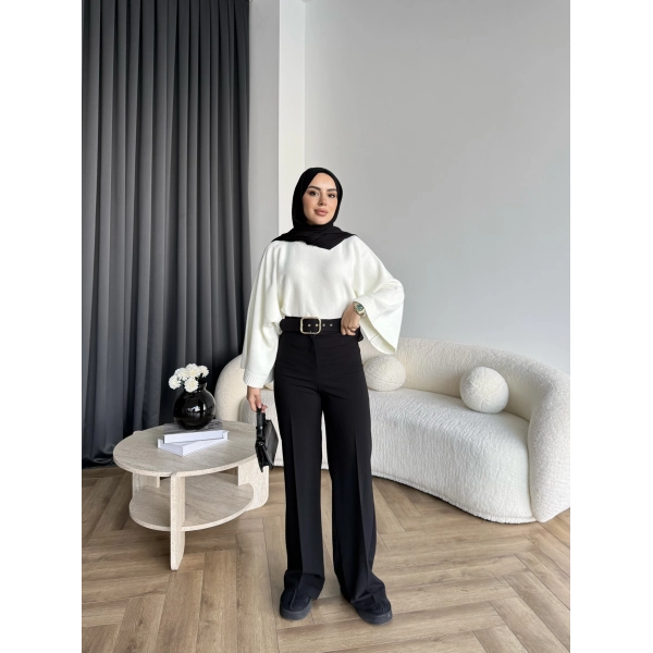 Mrs - Kemerli Bol Paça Pantolon - Siyah