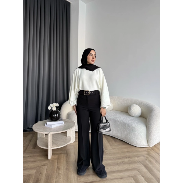 Mrs - Kemerli Bol Paça Pantolon - Siyah