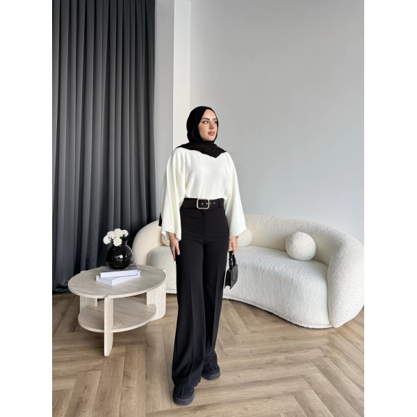 Mrs - Kemerli Bol Paça Pantolon - Siyah