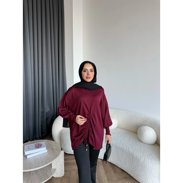 Mury Büzgü Detaylı Triko Kazak - Bordo