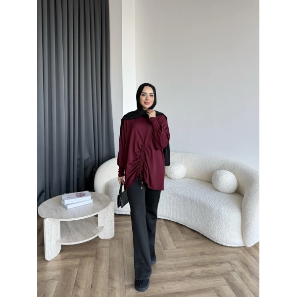 Mury Büzgü Detaylı Triko Kazak - Bordo