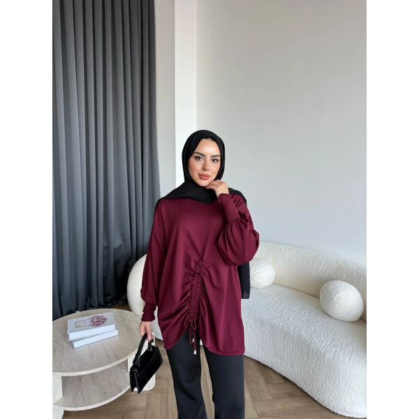 Mury Büzgü Detaylı Triko Kazak - Bordo