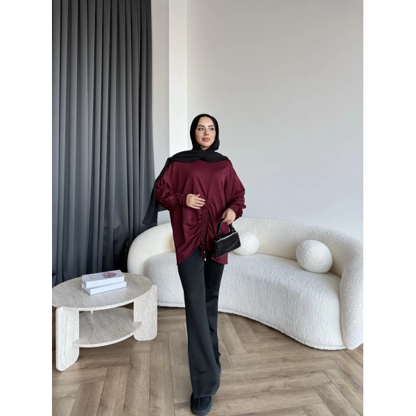 Mury Büzgü Detaylı Triko Kazak - Bordo