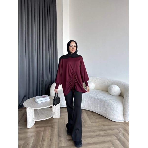 Mury Büzgü Detaylı Triko Kazak - Bordo