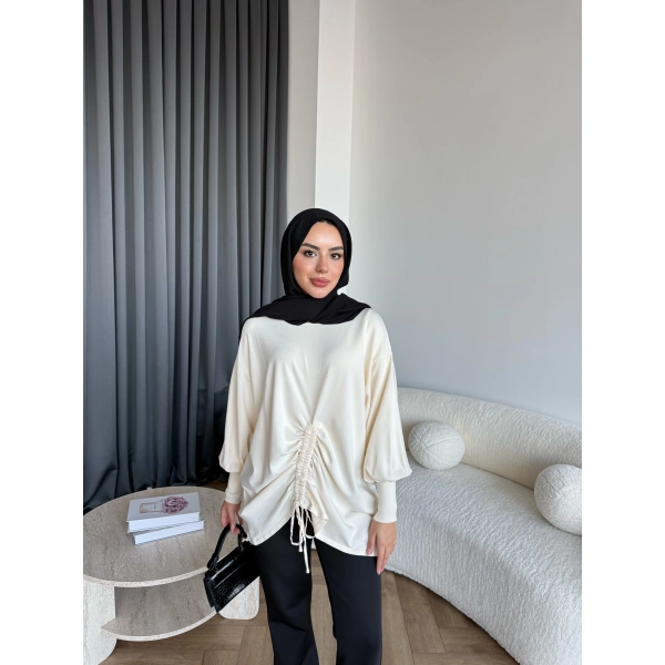 Mury Büzgü Detaylı Triko Kazak - Ekru