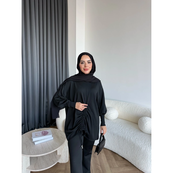 Mury Büzgü Detaylı Triko Kazak - Siyah