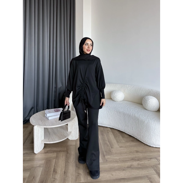 Mury Büzgü Detaylı Triko Kazak - Siyah