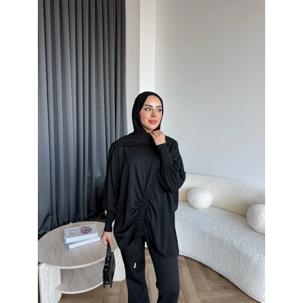 Mury Büzgü Detaylı Triko Kazak - Siyah