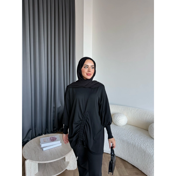 Mury Büzgü Detaylı Triko Kazak - Siyah