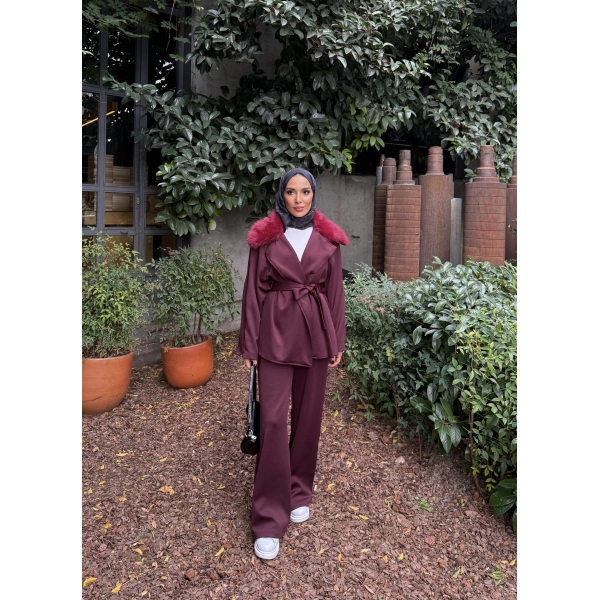 Natan Kürk Detaylı Scuba Takım - Bordo