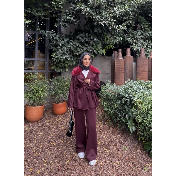 Natan Kürk Detaylı Scuba Takım - Bordo