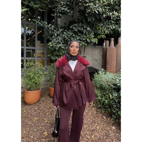 Natan Kürk Detaylı Scuba Takım - Bordo