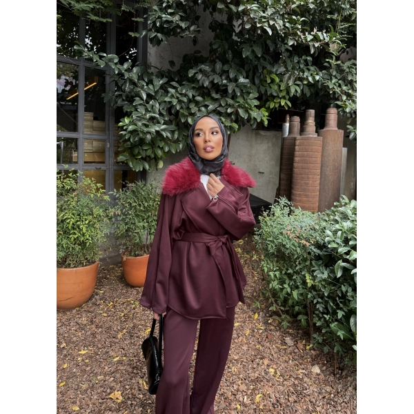 Natan Kürk Detaylı Scuba Takım - Bordo