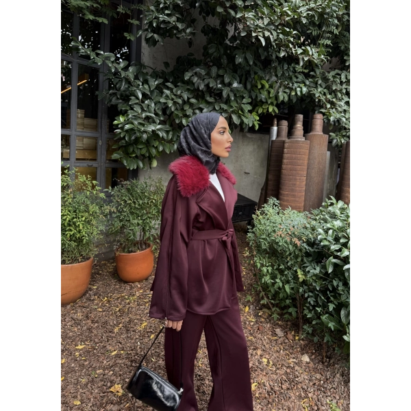 Natan Kürk Detaylı Scuba Takım - Bordo