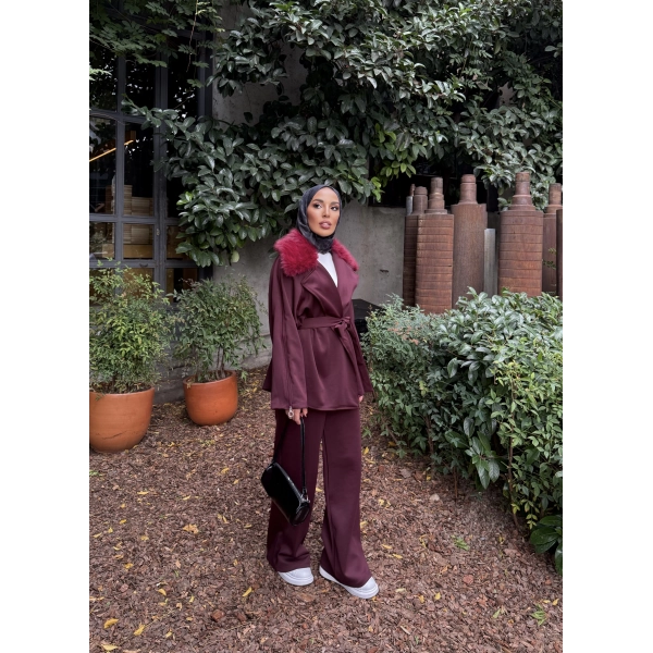 Natan Kürk Detaylı Scuba Takım - Bordo