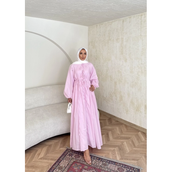 Nervür Bağlamalı Vual Elbise - Pembe