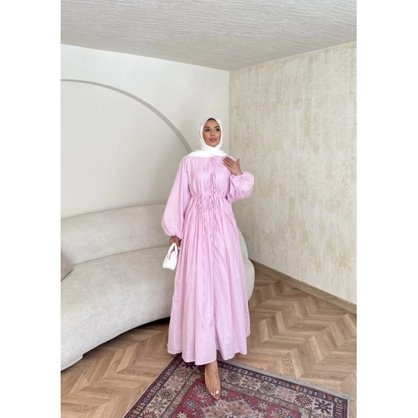 Nervür Bağlamalı Vual Elbise - Pembe