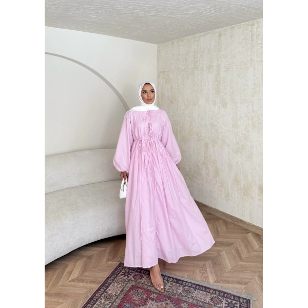 Nervür Bağlamalı Vual Elbise - Pembe